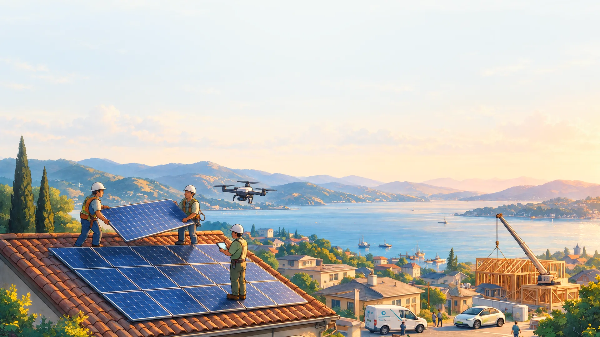 A painting of a crew installing solar panels on a tile roof above a sunlit bay, with a drone overhead and a house being framed nearby